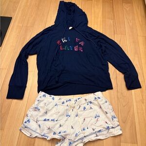 Navy 'Ski Ya Later' Hooded Pajama top and shorts love by gap medium like new